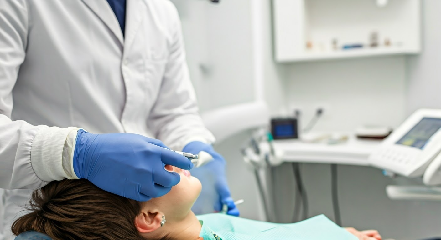 Dentist examining patient with technology
