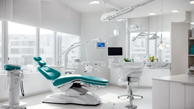 a bright, inviting dental clinic with gleaming white walls, modern equipment, and a vibrant arrangement of dental tools, emphasizing the importance of comprehensive care for healthy teeth and gums.