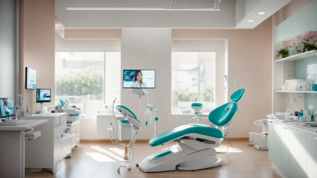 a vibrant dental clinic bustling with diverse patients of all ages, showcasing innovative dental practices and state-of-the-art equipment in a bright, welcoming environment.