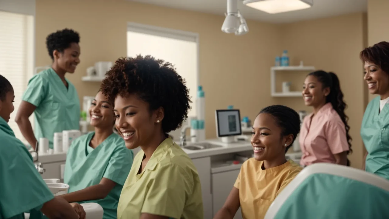 a vibrant and inviting family dental clinic scene showcases a cheerful dental hygienist interacting with a diverse group of smiling family members, highlighting the importance of dental care for all ages in a bright, warmly lit environment.
