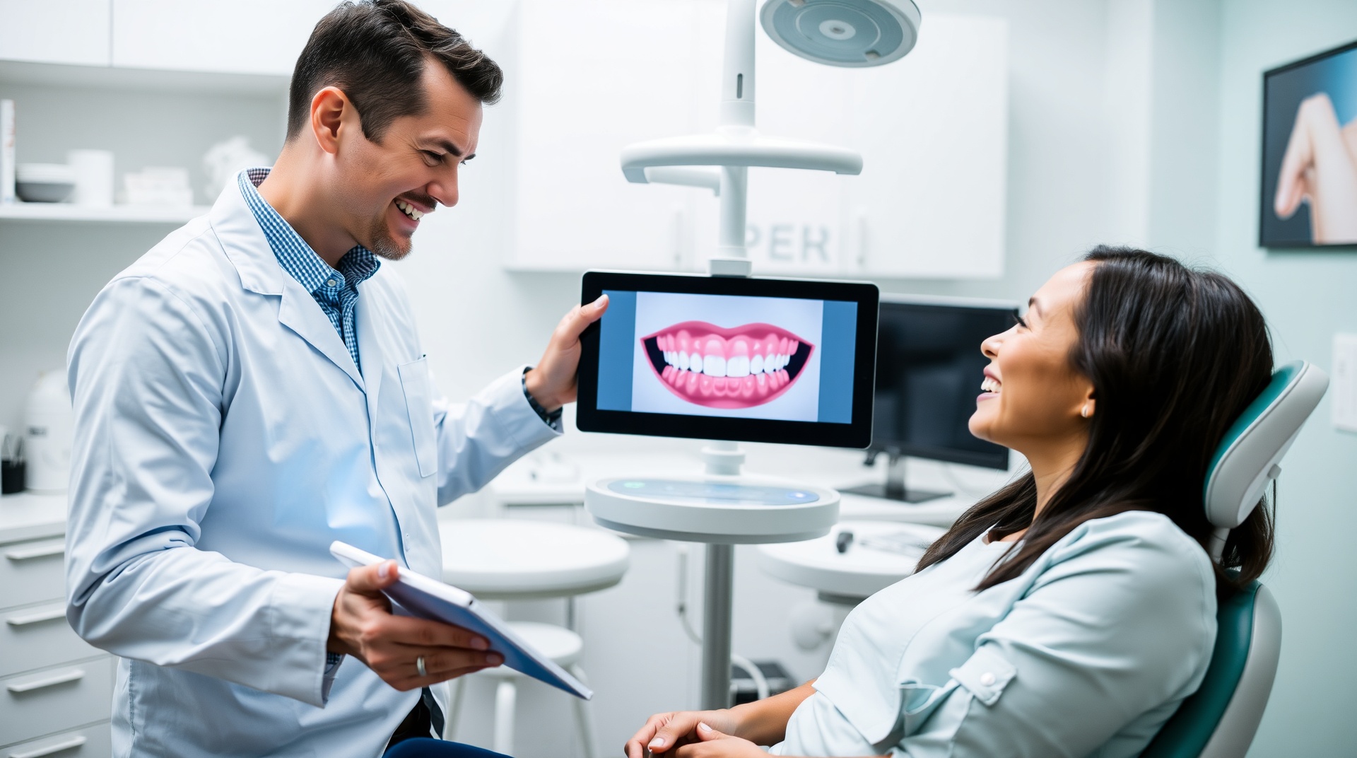Patient and dentist reviewing digital smile design on tablet in modern dental consultation