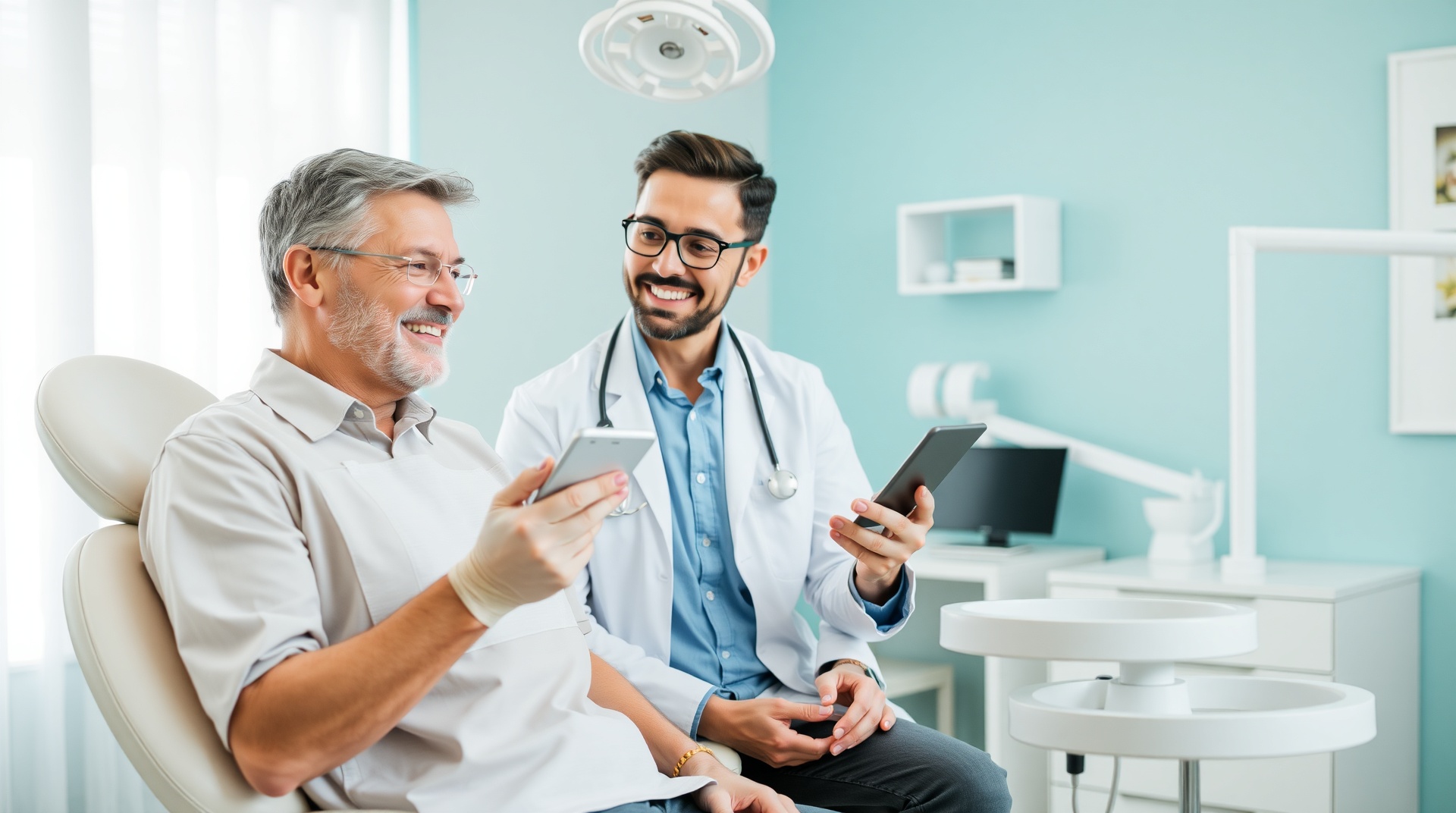 Friendly dentist consulting with smiling adult patient about cosmetic dentistry options in modern dental office