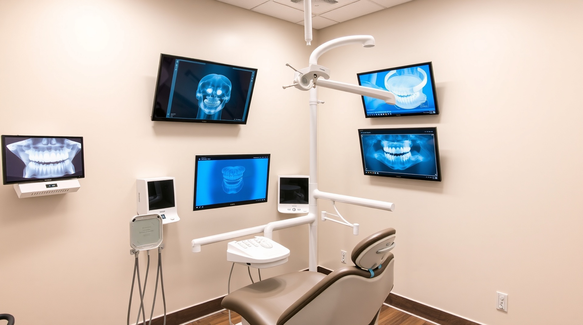 Modern dental treatment room with advanced technology including digital X-rays and CEREC equipment