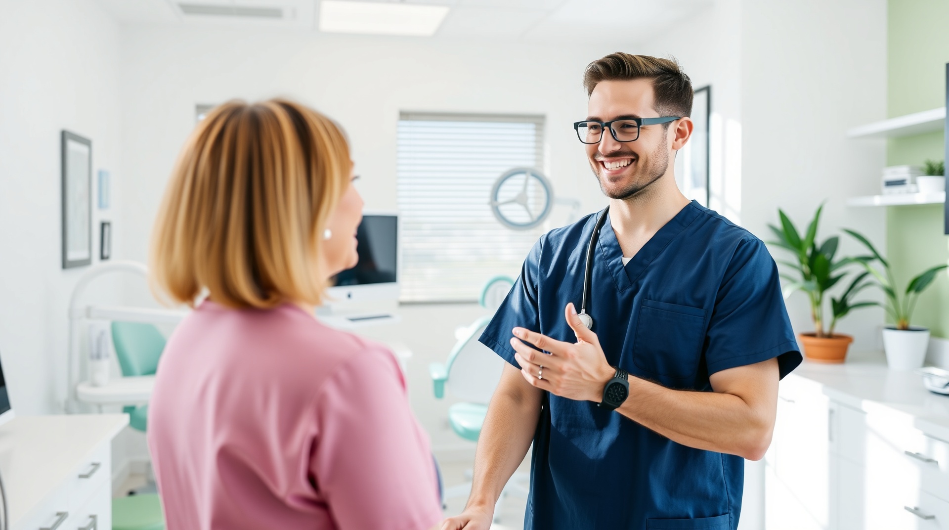 Friendly dentist warmly greeting a patient in a modern Mission Viejo dental office